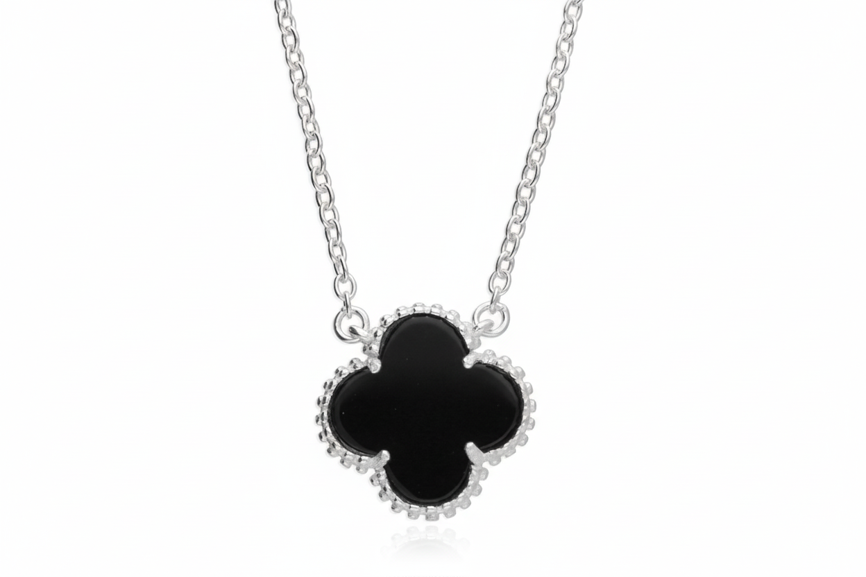 Silver clover pendant with black onyx - front view, zoomed out 30%, 3:2