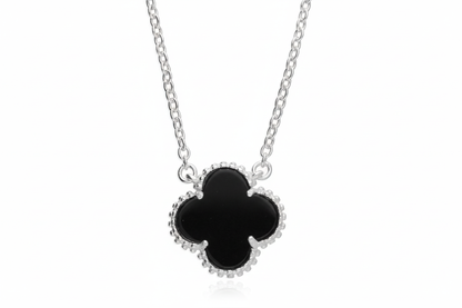 Silver clover pendant with black onyx - front view, zoomed out 30%, 3:2