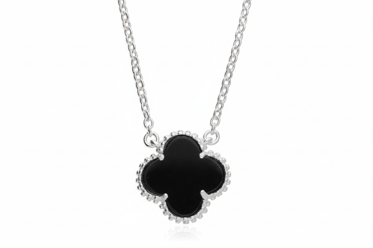 Silver clover pendant with black onyx - front view, zoomed out 30%, 3:2