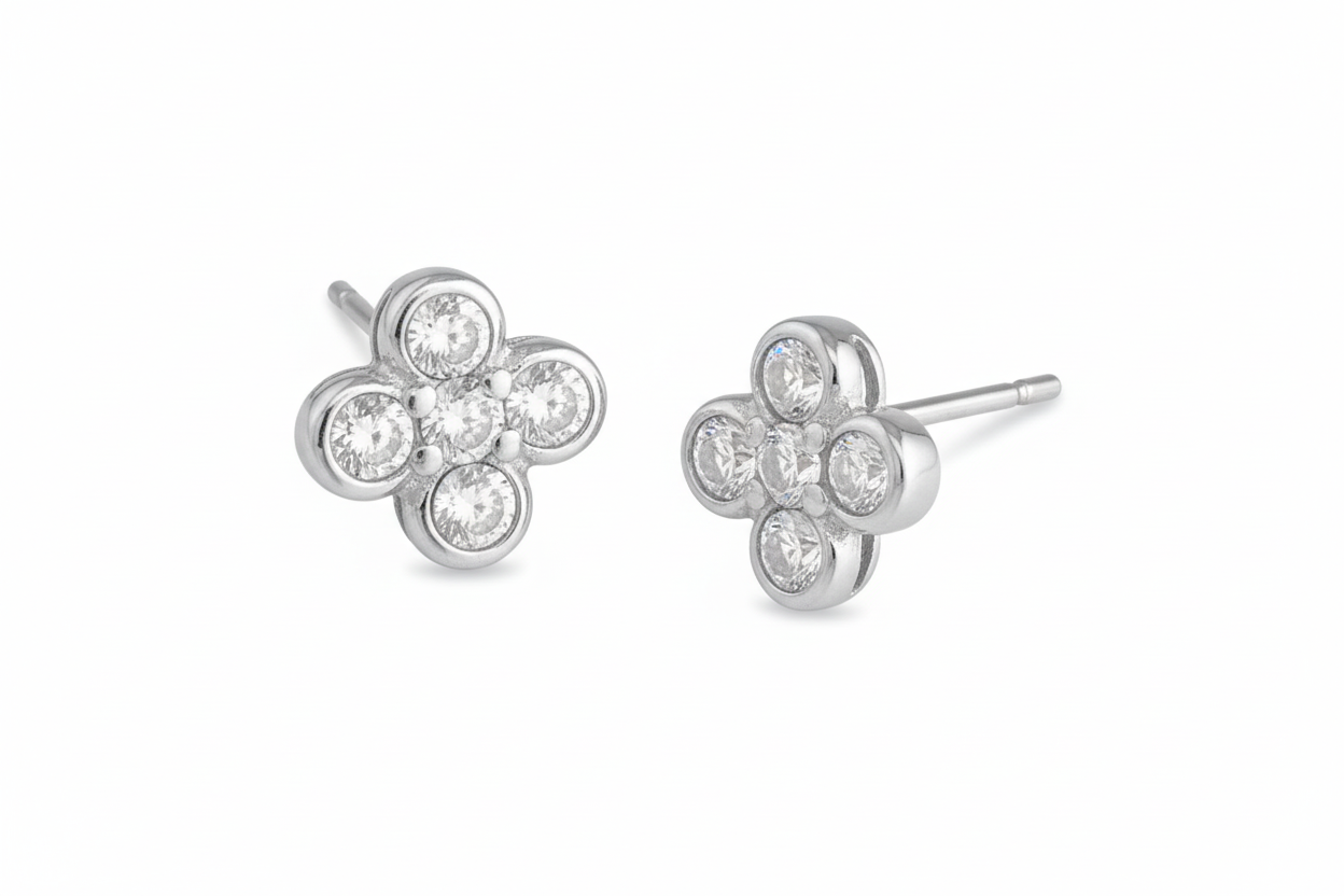Silver clover stud earrings - perspective with posts and butterfly backs, 3:2