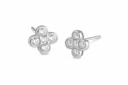 Silver clover stud earrings - perspective with posts and butterfly backs, 3:2
