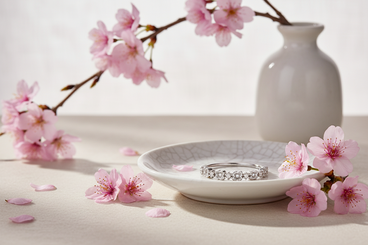 Silver floral band ring - cherry blossom: pink blossoms, white ceramic, Japanese aesthetic
