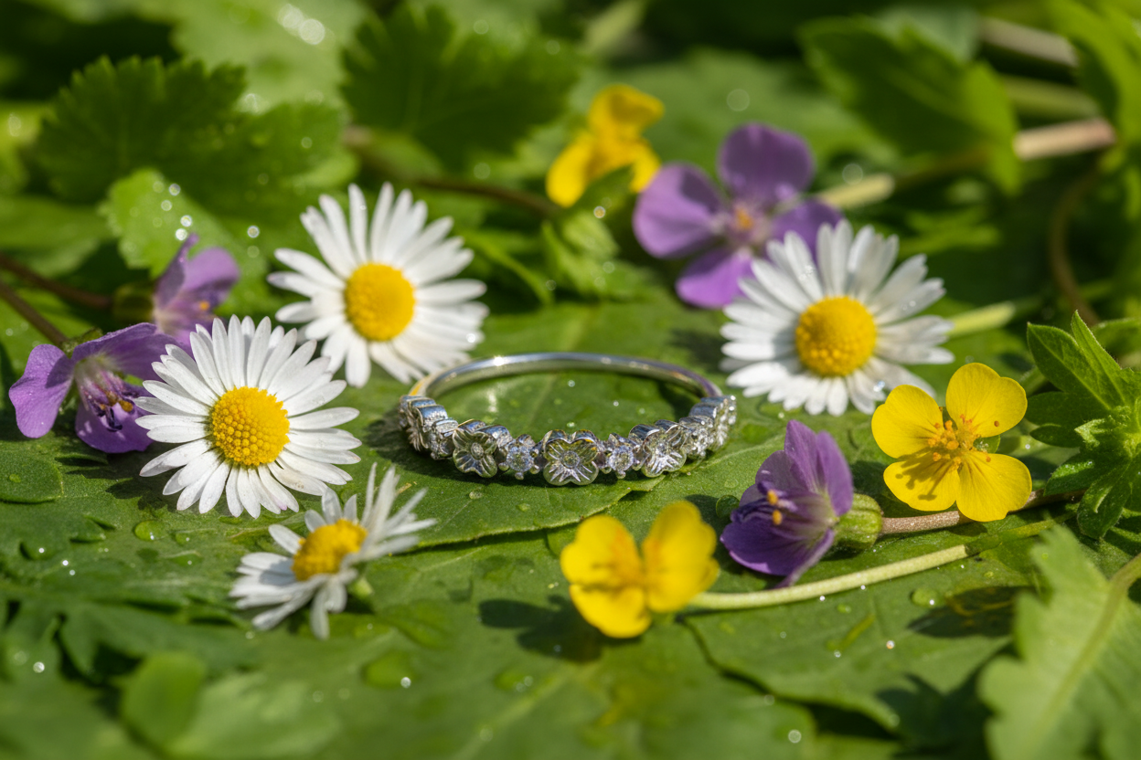 Silver floral band ring - spring garden: daisies, wildflowers, green leaves