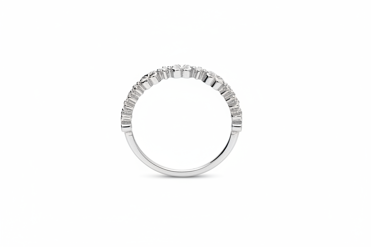 Silver floral band ring - standing upright, front view through finger hole 3:2