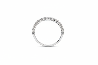 Silver floral band ring - standing upright, front view through finger hole 3:2
