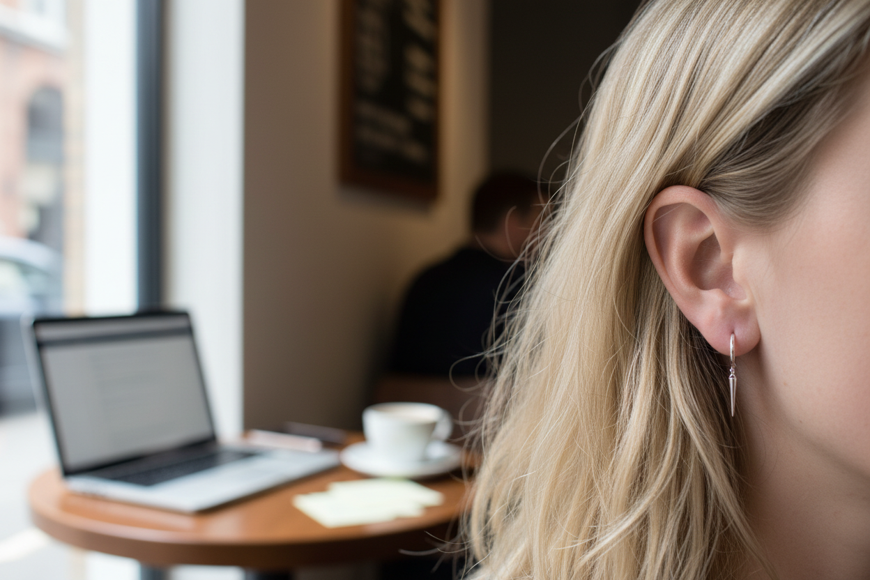 Silver hoop spike earrings - coffee shop, laptop, window light