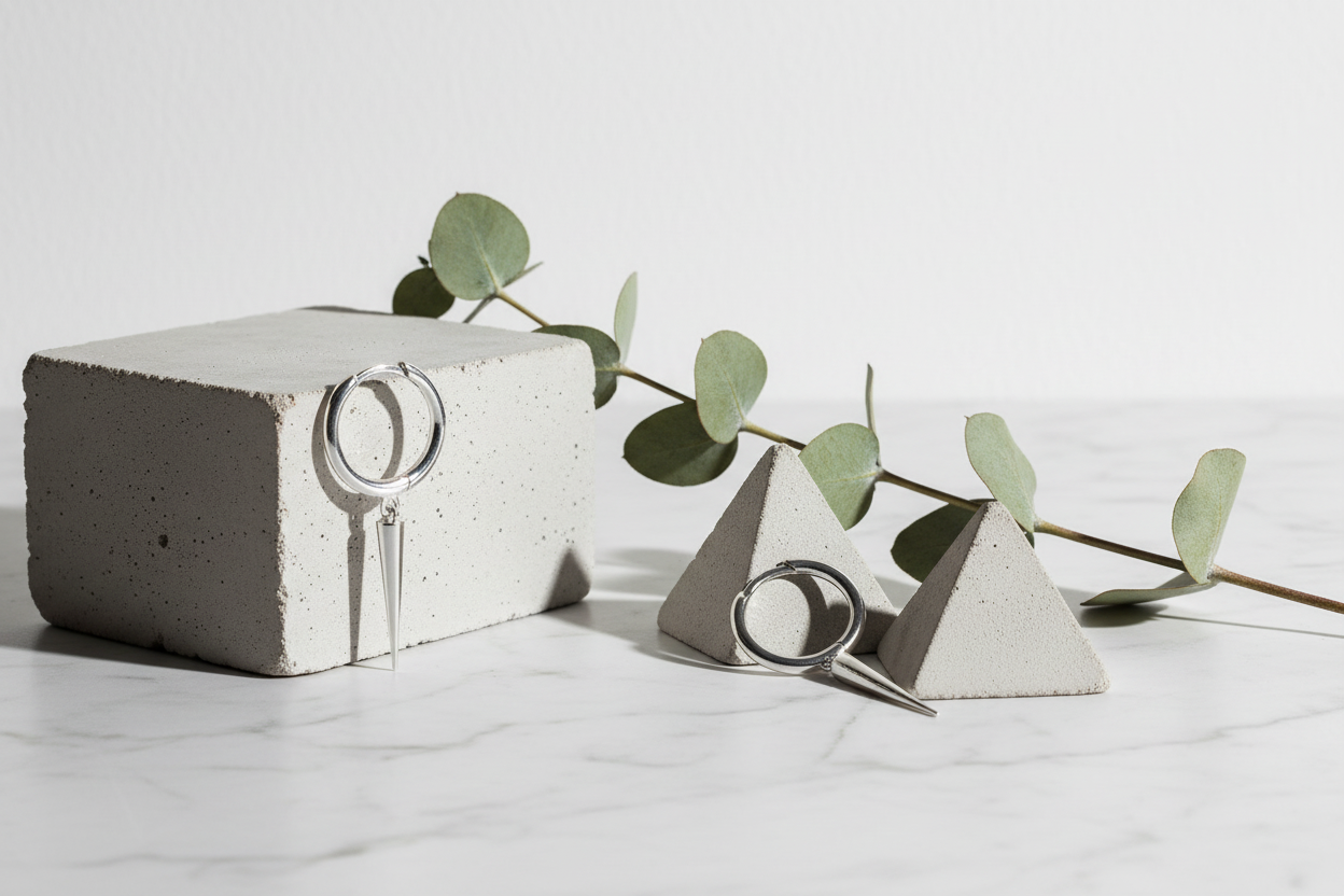 Silver hoop spike earrings - minimalist: marble, concrete, eucalyptus