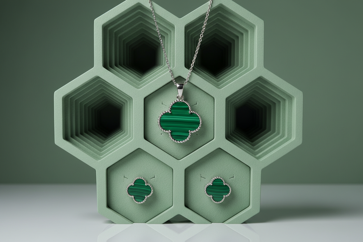 Silver malachite set - sage hexagons