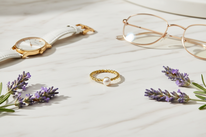 Twisted gold pearl ring - marble, watch, glasses, lavender