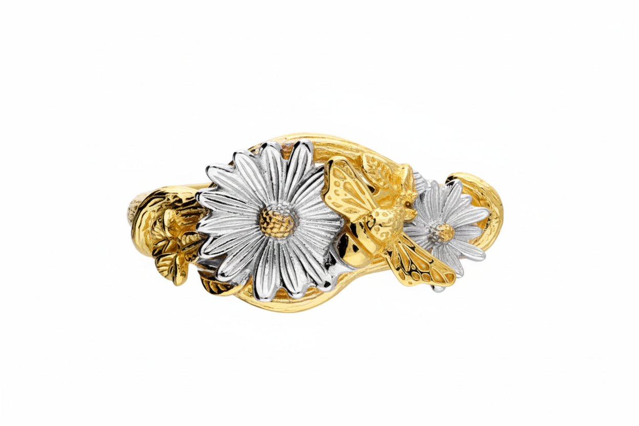 Two-tone floral butterfly ring - standing front view 3:2