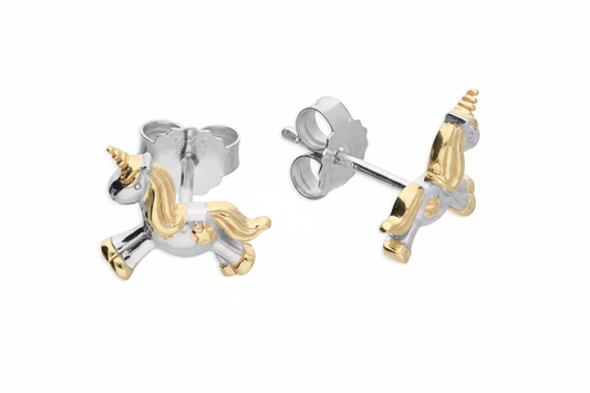 Two-tone unicorn earrings - top-down angle 3:2
