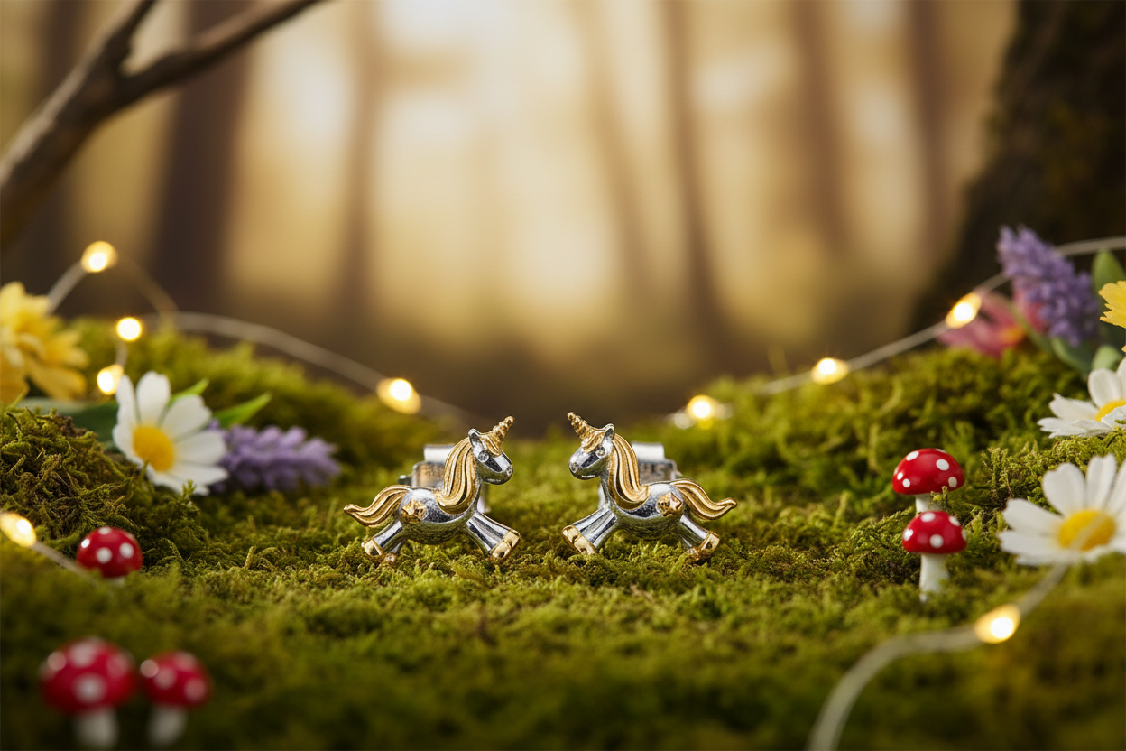 Unicorn earrings - enchanted forest: moss, mushrooms, fairy lights, woodland